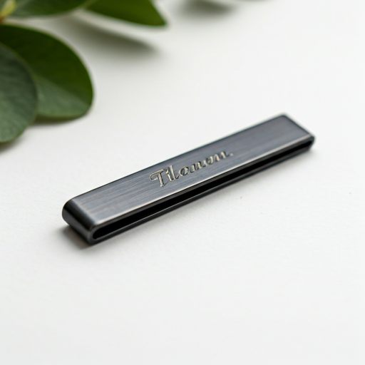 Close-up of a name elegantly engraved on a dark metal pen clip.