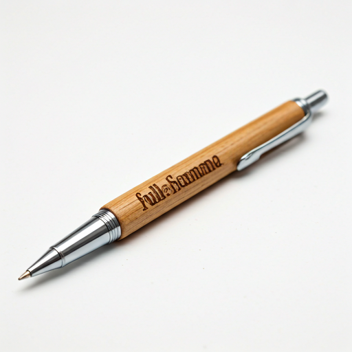 A full name engraved beautifully along the barrel of a wooden pen.